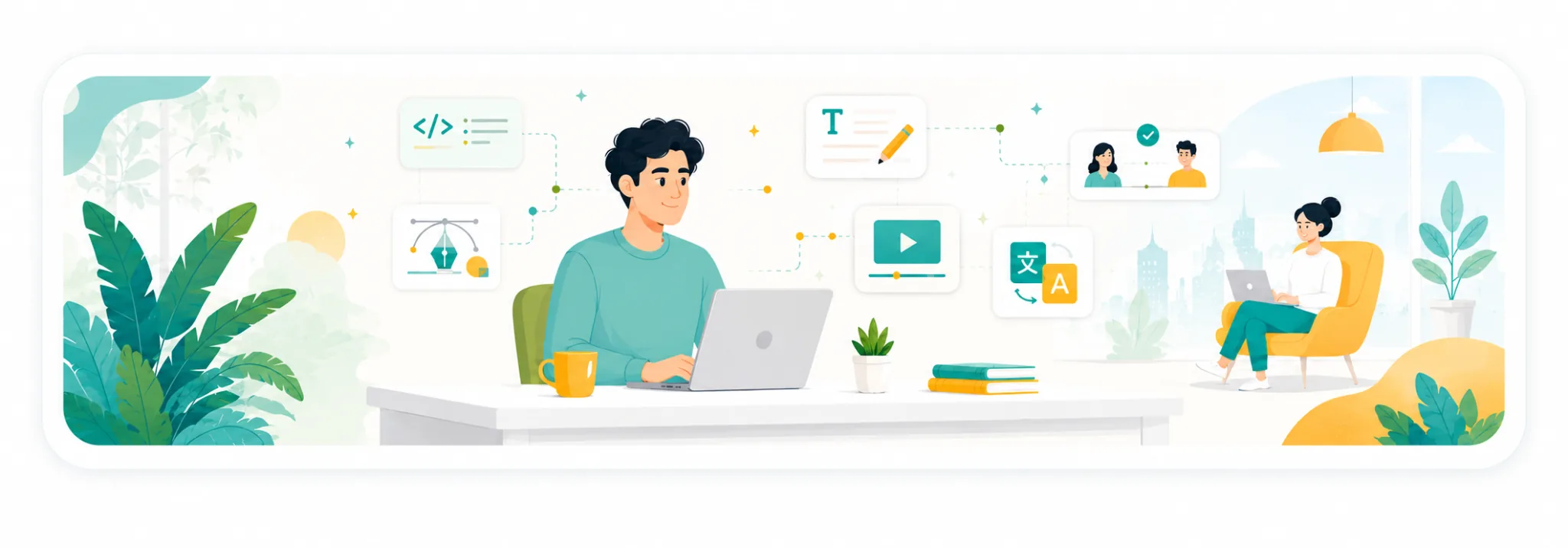 تصویر گرافیکی فضای کار آنلاین و همکاری فریلنسرها در فریلنسیتو